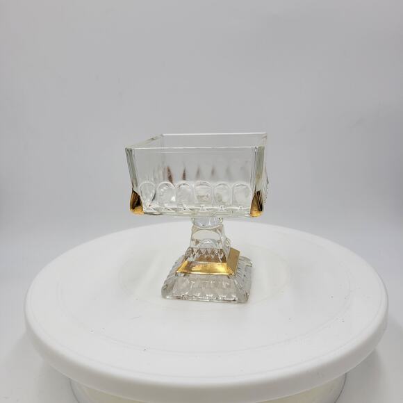 Vintage Jeannette Clear Glass Covered Pedestal Candy Dish 6" with Gold Trim USA - Picture 4 of 11